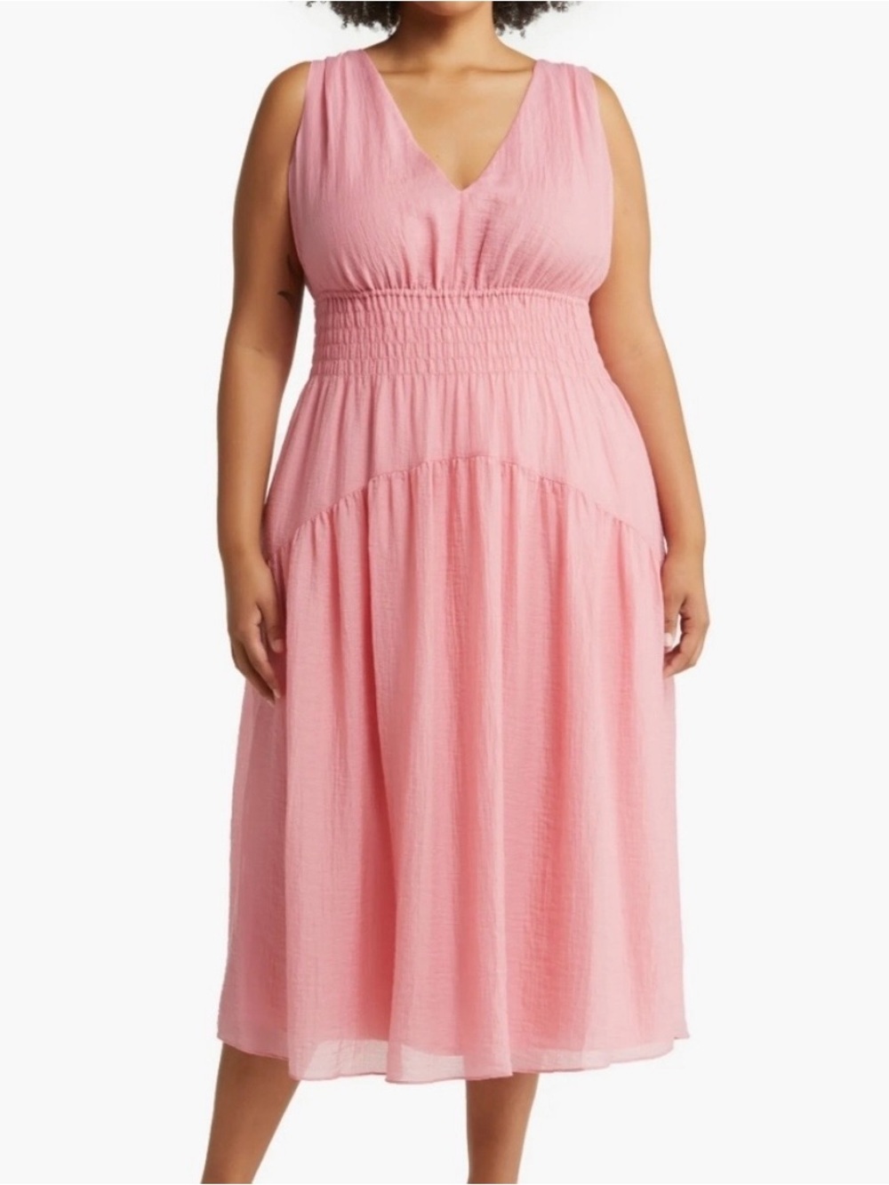 VINCE. Pink Rosetta V Neck Sleeveless Smocked Midi Dress 1X Flowy Wedding Guest